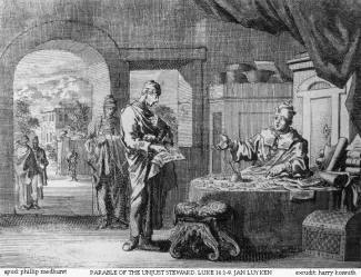 An etching by Jan Luyken illustrating Luke 16:1-9 in the Bowyer Bible, Bolton, England.