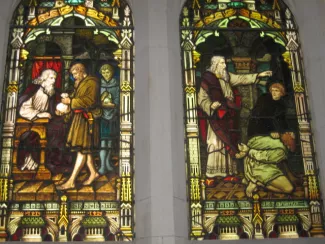 Depiction of the Parable of the Unmerciful Servant. Photograph of stained glass window at Scots' Church, Melbourne