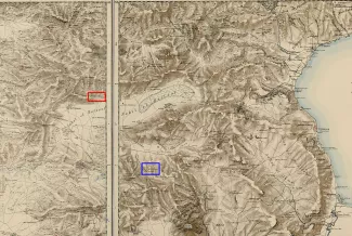 Map showing the Lower Galilee with two suggestions as to the location of "Cana of Galilee". Khirbet Kana marked in orange, Kefr Kenna marked in blue.