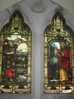 Depiction of the Treasure in the field and the Pearl of great price. Photograph of stained glass window at Scots' Church, Melbourne.